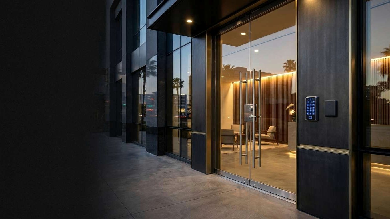 Glass entrance doors of a commercial building