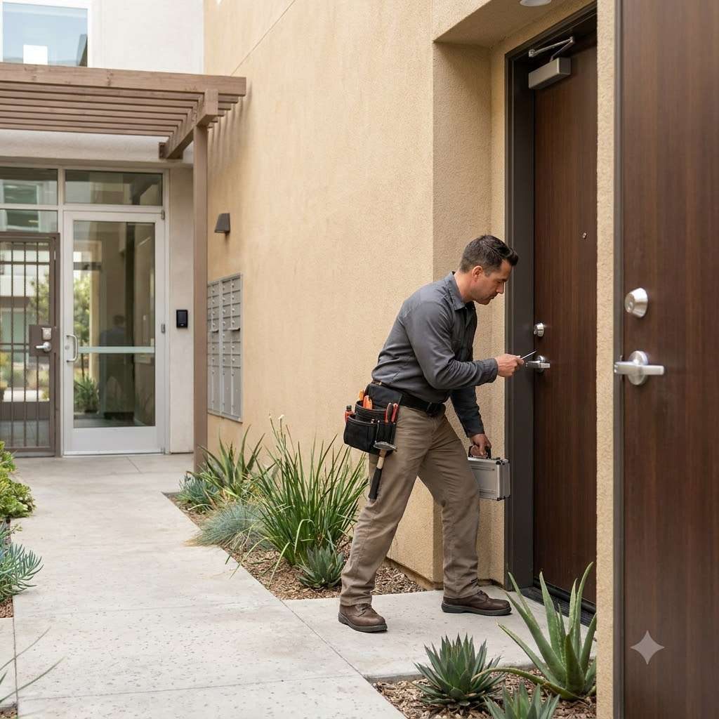 Locksmith inspecting an apartment entry door