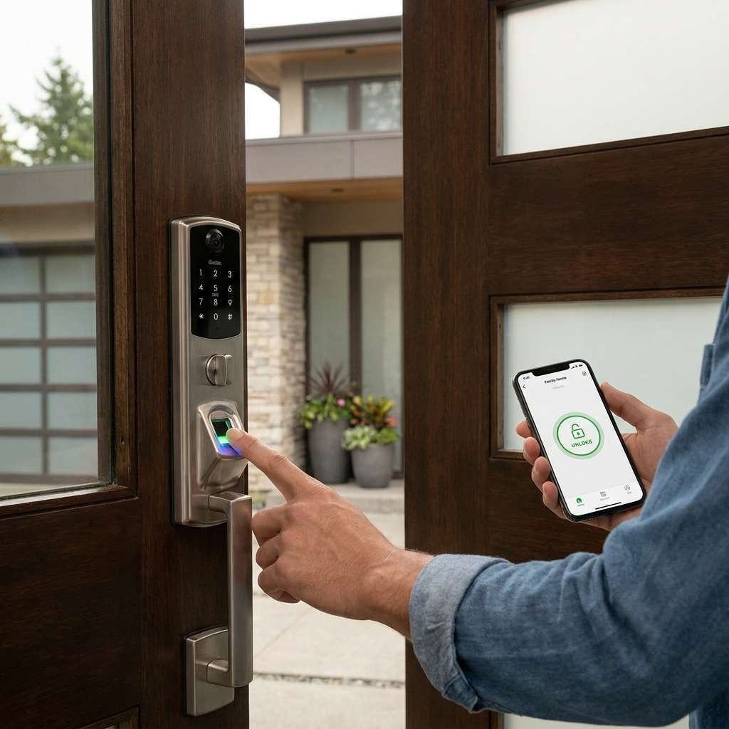 Homeowner unlocking a door with a fingerprint reader