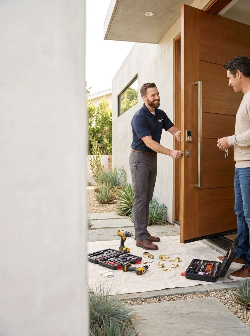 Locksmith replacing a residential front-door lock