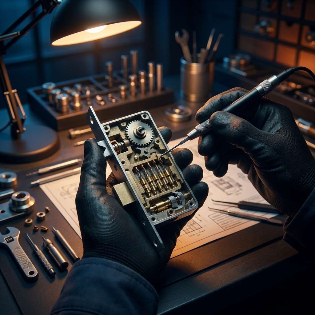 Locksmith repairing a jammed door lock
