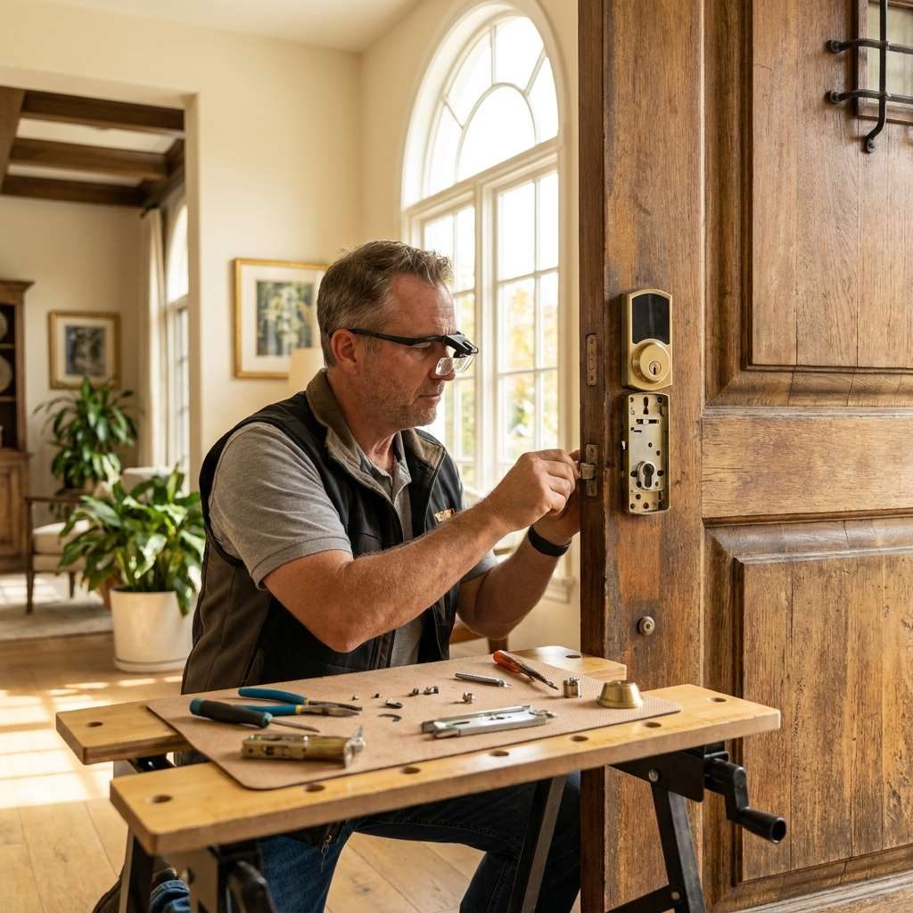 Locksmith repairing a residential door lock