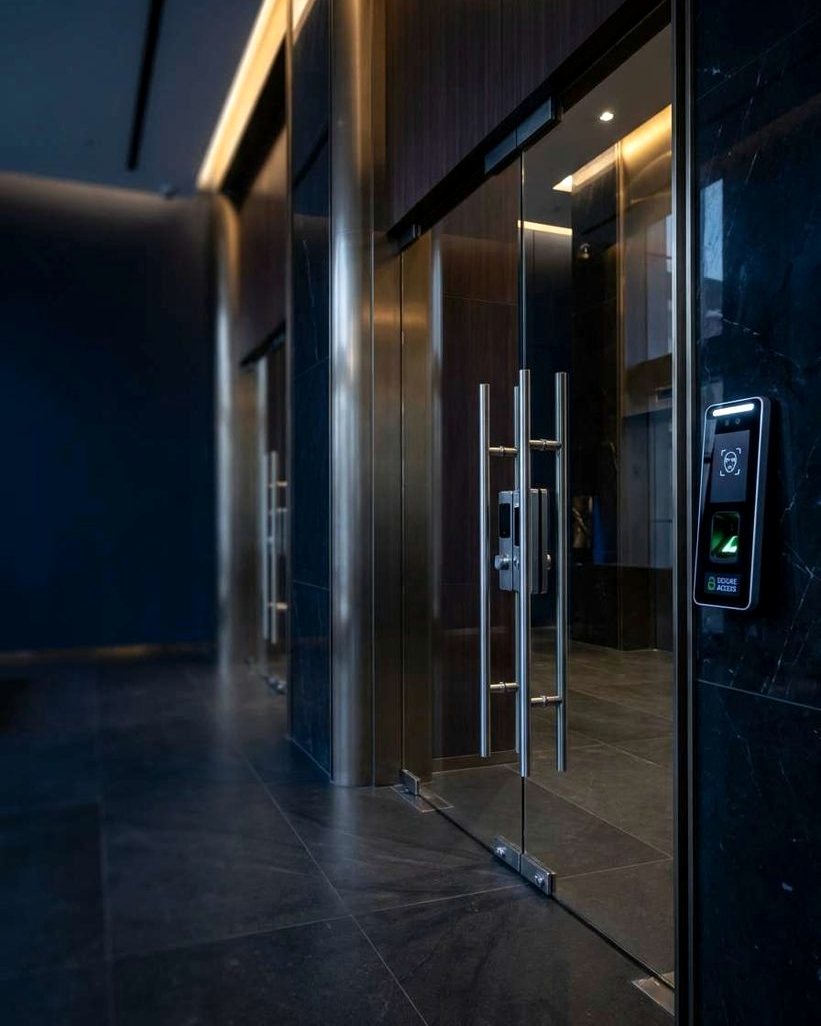Glass entrance doors of an office lobby