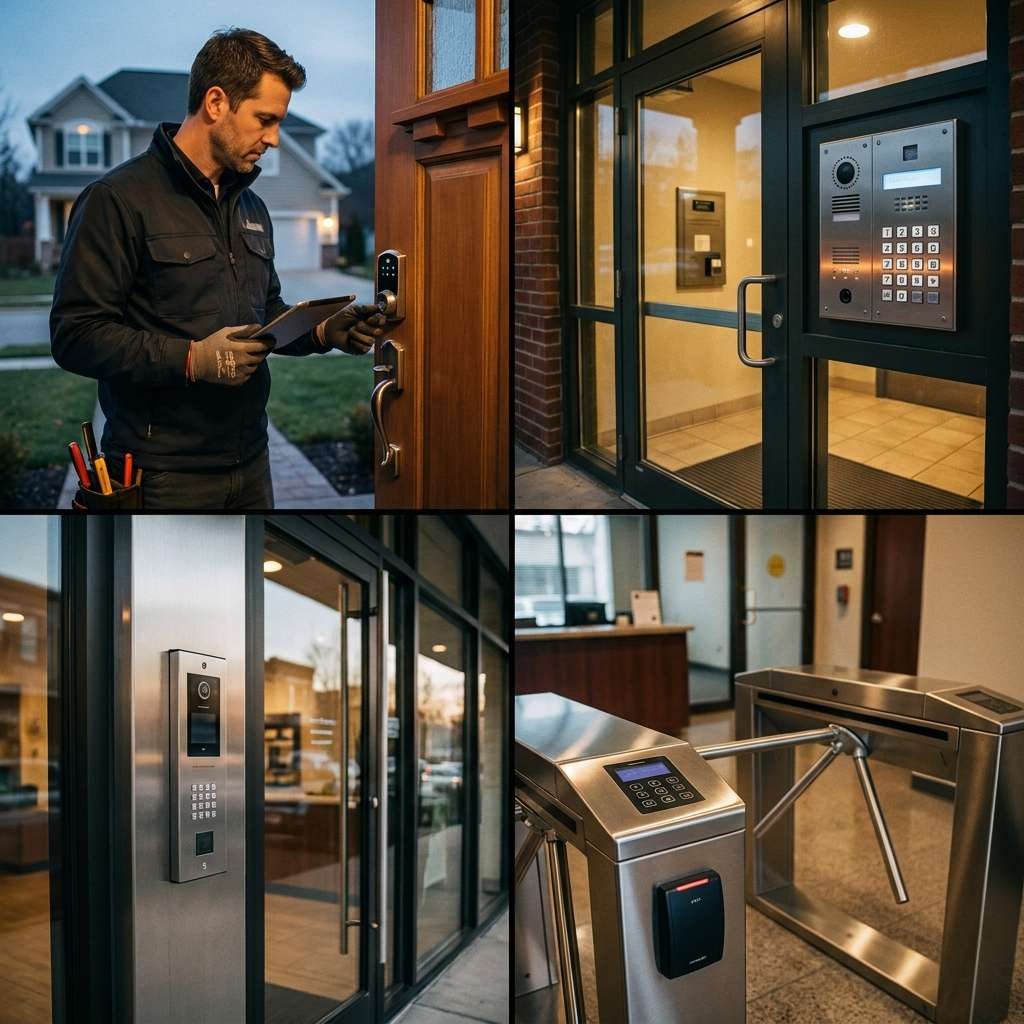 Locksmith inspecting an electronic security system at a property