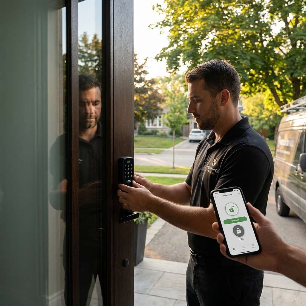 Locksmith installing a smart lock on a residential door