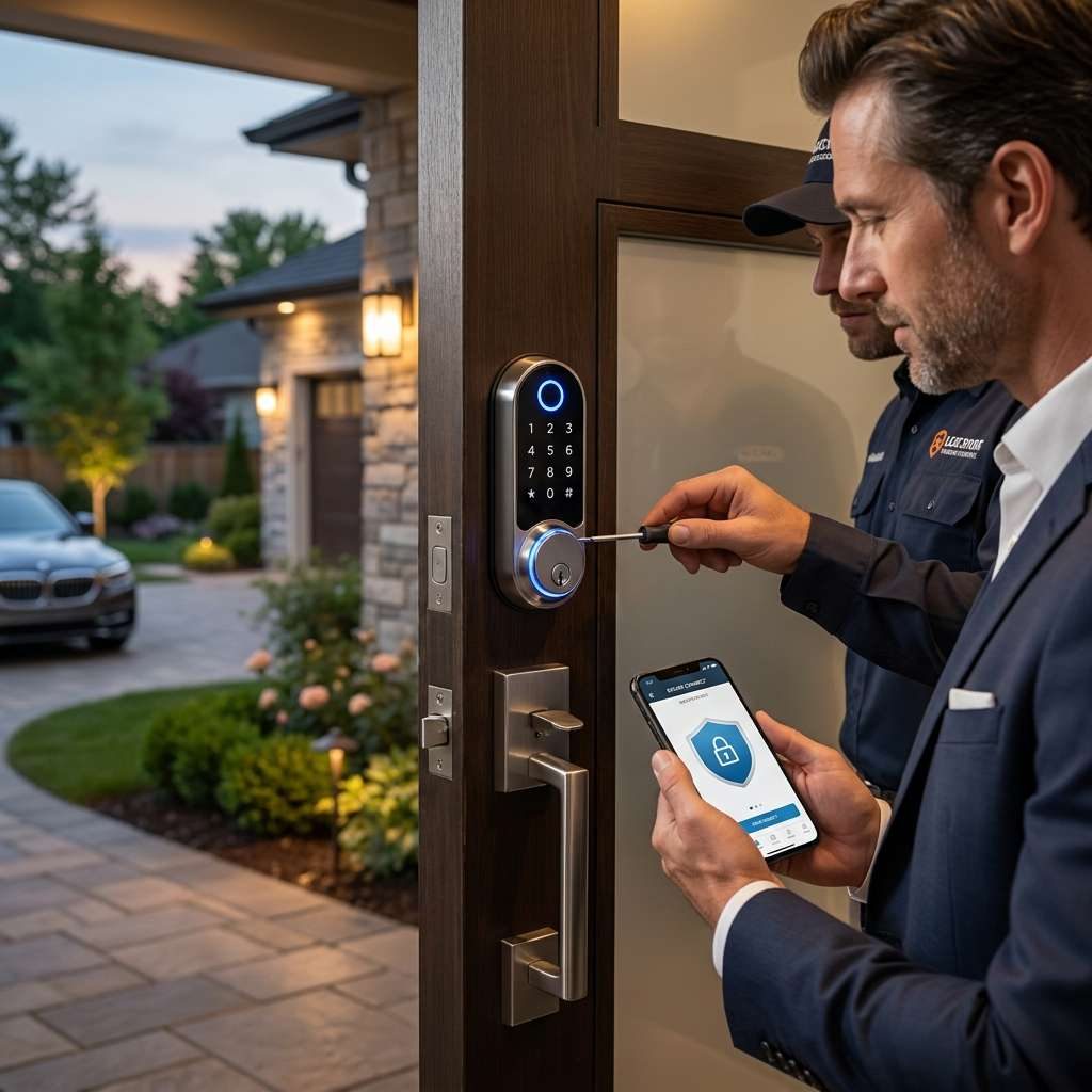 Smart lock being set up on a front door