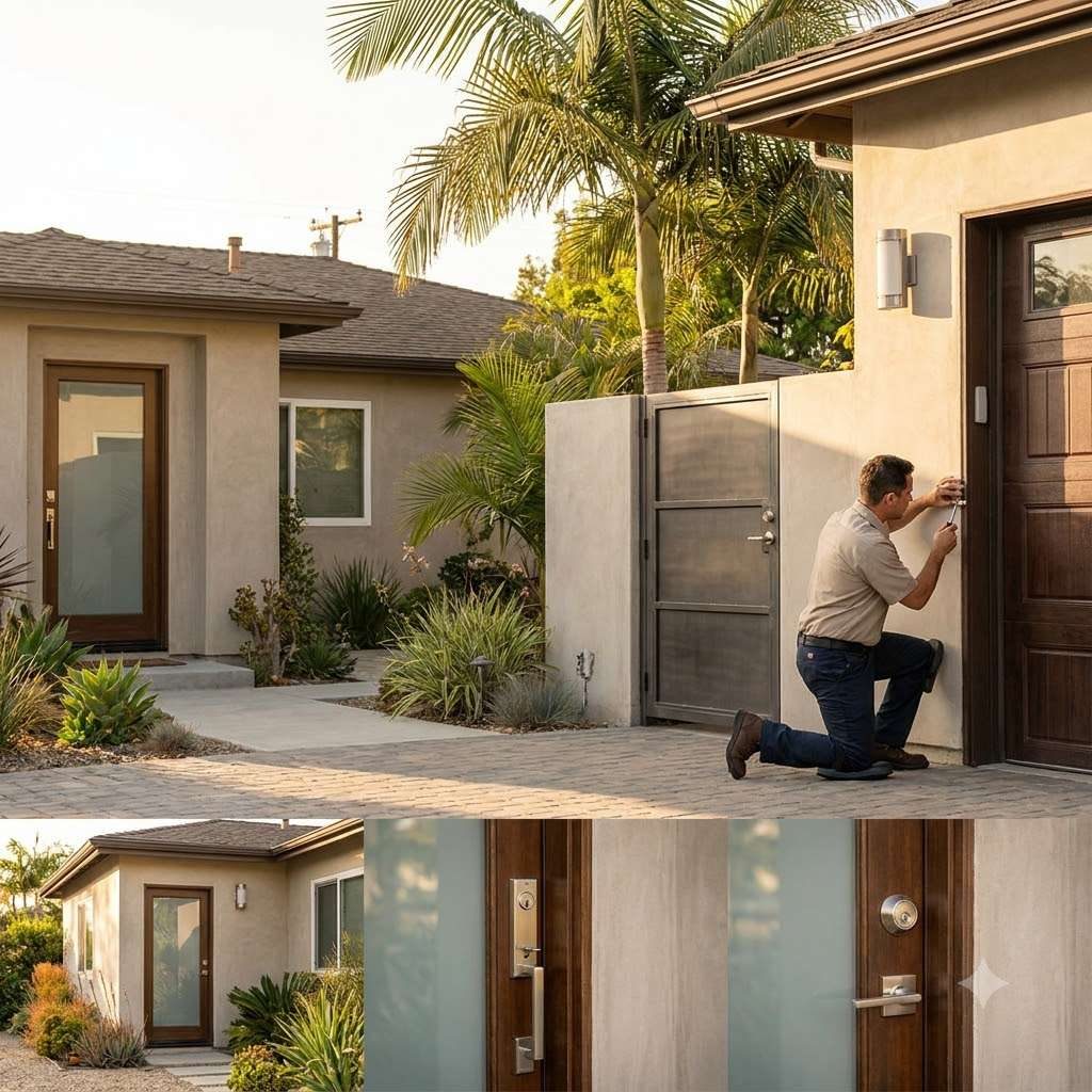 Locksmith inspecting a suburban home entrance