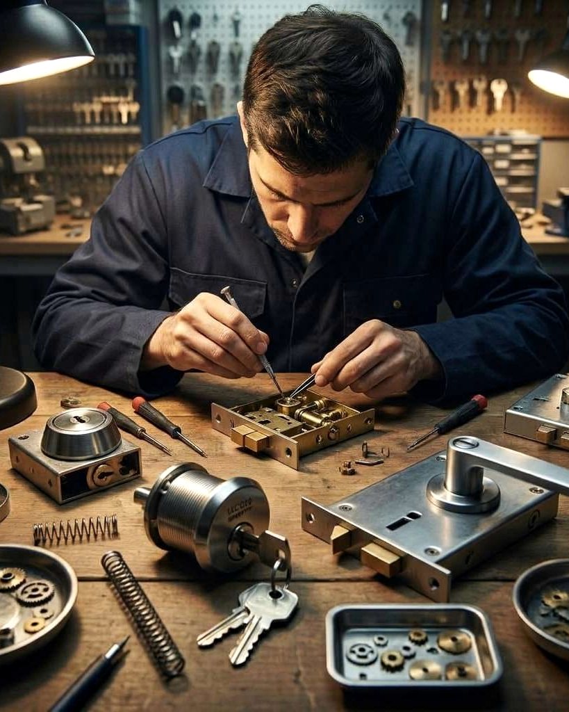 Safe and lock tools laid out on a workbench