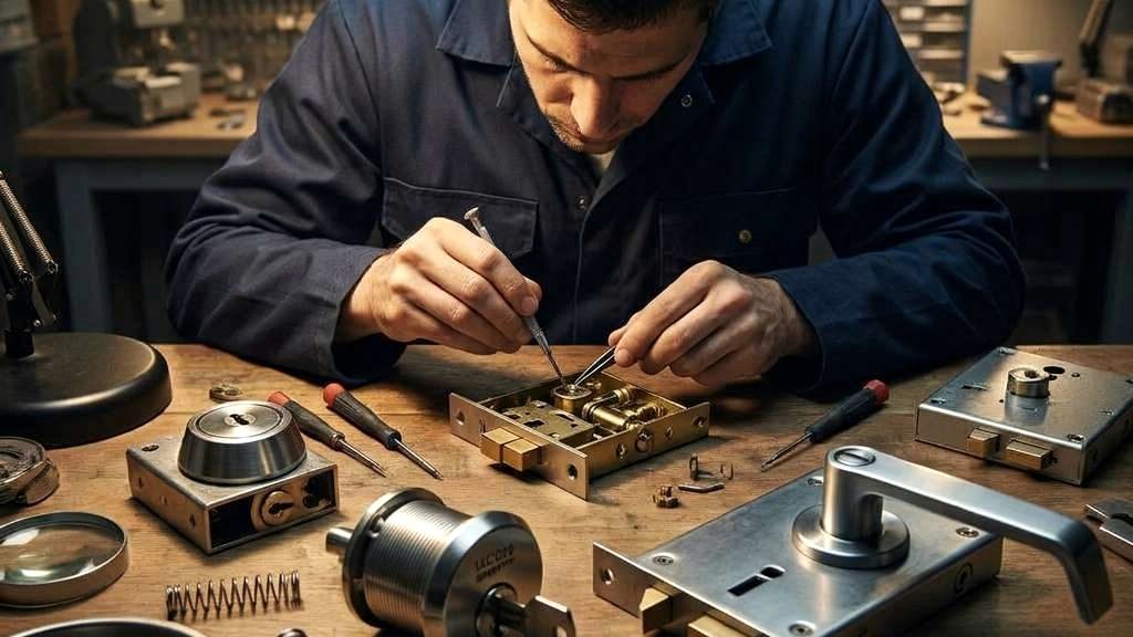 Key blanks, cylinders and locksmith tools laid out on a workbench