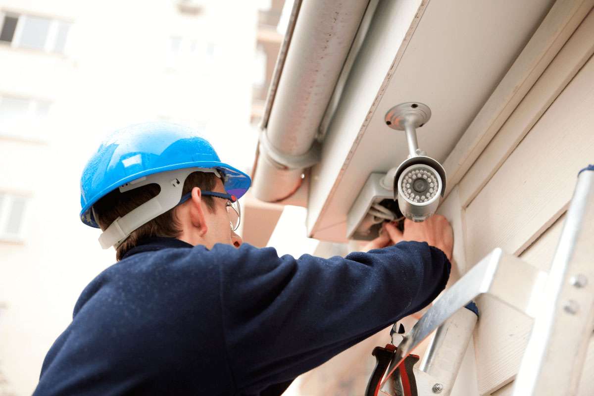 Security camera mounted outside a commercial property