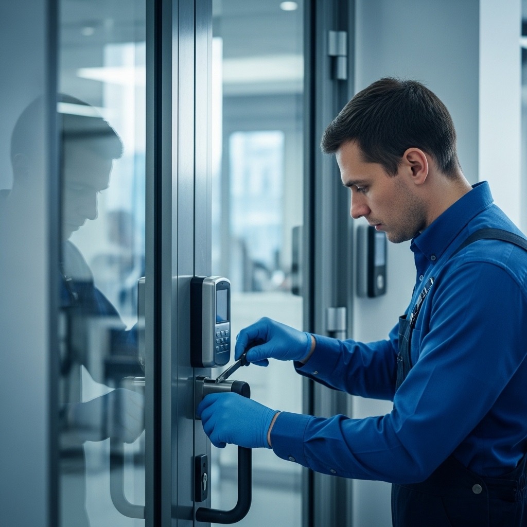 Commercial locksmith servicing a business door
