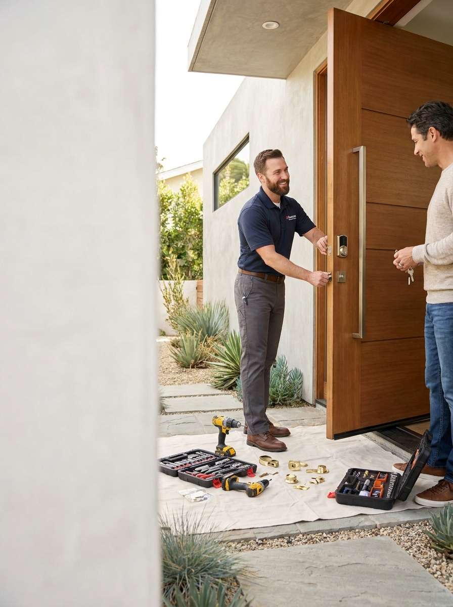 Residential locksmith installing a home door lock
