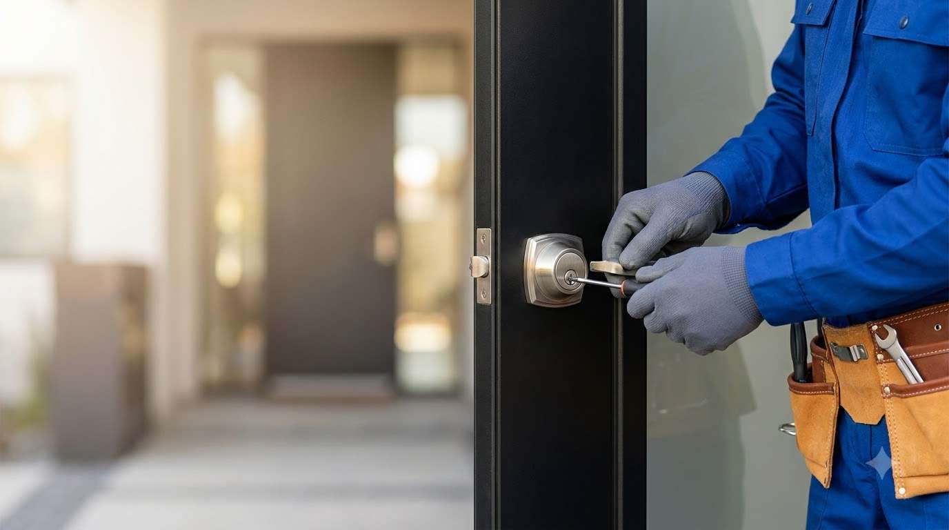 Commercial locksmith servicing a business entrance door