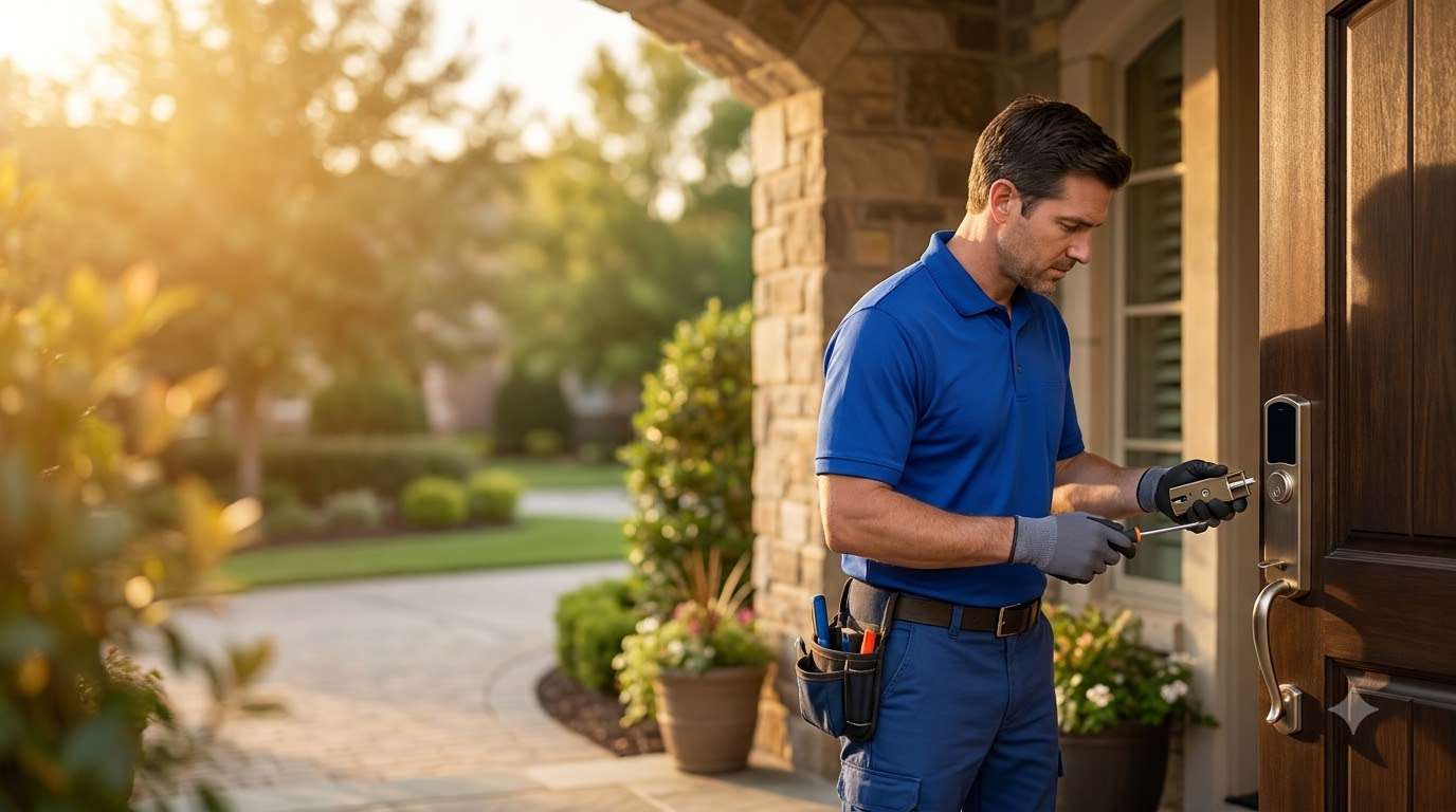 Locksmith installing a residential door lock